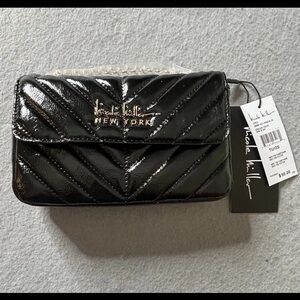 NEW Nicole Miller New York Small Purse Black Shiny Cross-Body Chain Gold